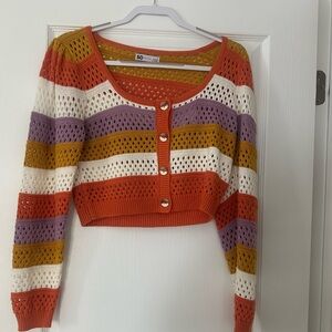 Orange and white striped crochet cropped cardigan